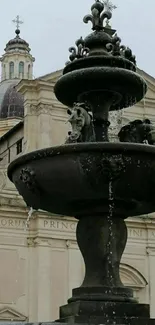 Ornate stone fountain against historic church.