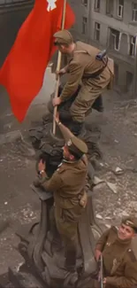 Three soldiers raising a flag amidst ruins.