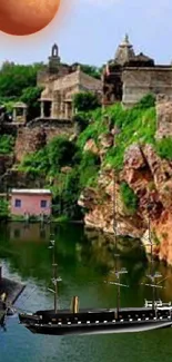 Ancient ruins with a ship on a green river under a reddish moon.