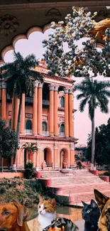 Historic mansion and pets in lush greenery.