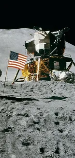 Apollo astronaut on moon with lunar module and flag.