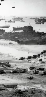 Black and white image of Normandy landing during WWII with ships on the beach.