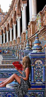 Woman sitting amidst Spanish architecture with a red fan.