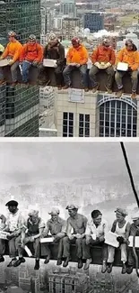 Historic photo of workers high above city on steel beams.