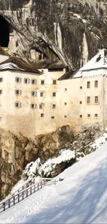 Predjama Castle nestled in snowy Slovenian landscape.