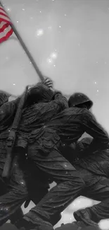 Soldiers raising American flag in grayscale wallpaper