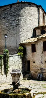 Historic stone building with a central fountain in a sunny courtyard.