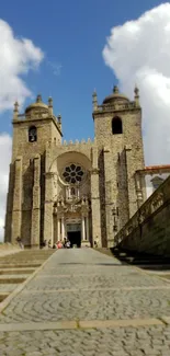 Historic stone cathedral under blue sky with cobblestone pathway.