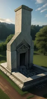 Stone monument amidst lush greenery under a bright sky.