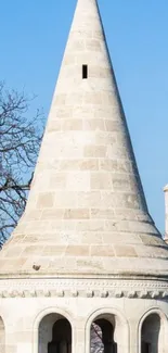 Historic stone tower under clear blue sky, elegant architectural design.