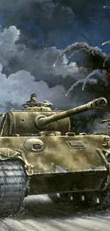 Illustrated tank in battlefield scene with explosions and dramatic sky.