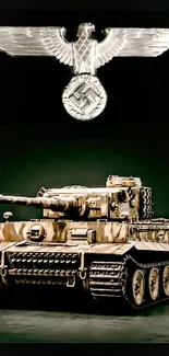 Historic tank with military emblem on dark background.