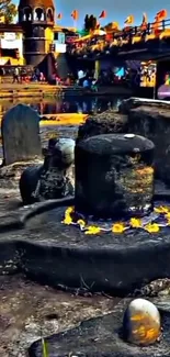 Ancient temple stone shrine with flowers.