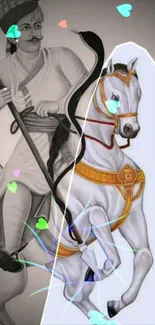 Artistic wallpaper of a historic warrior with a horse and colorful hearts.