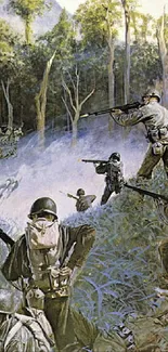 Soldiers in action in a forest battlefield scene.