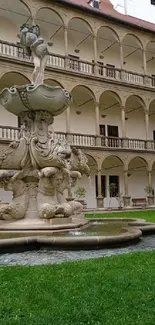 Elegant stone fountain in a historical courtyard surrounded by arches.