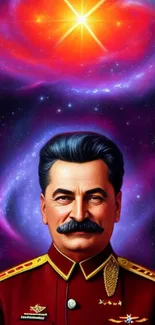 Illustration of a historical figure with a cosmic galaxy background.