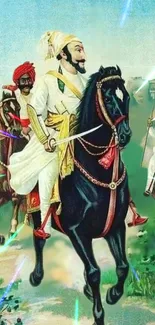 Historical artwork of riders on horseback with vibrant colors and traditional attire.