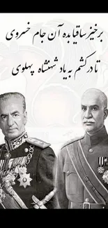 Monochrome wallpaper of historical leaders in uniform.