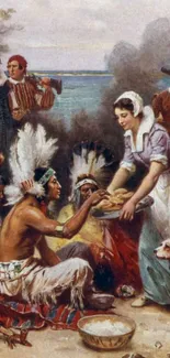 Illustration of a historical feast with pilgrims and native figures.