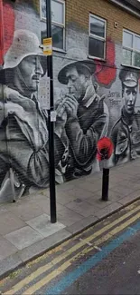 Street art mural depicting historical soldiers with monochrome tones and red accents.