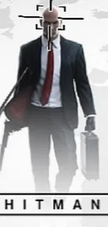 Hitman character in suit with gun and suitcase on white background.