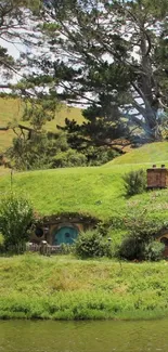 Hobbit house with green landscape and tranquil environment.