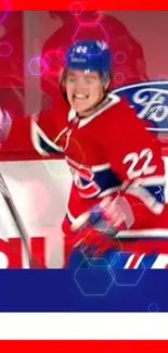 Hockey player celebrating in vibrant red and blue gear.