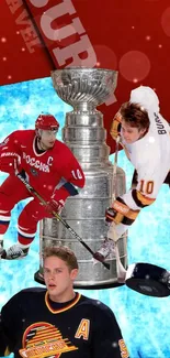 Vibrant collage of legendary hockey players and Stanley Cup trophy.