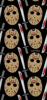 Horror wallpaper with hockey masks and bloody machetes on a black background.