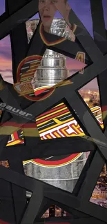 Dynamic hockey urban collage wallpaper with trophy and city backdrop.