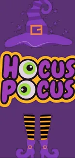 Hocus Pocus themed wallpaper with witch hat and stockings on a purple background.