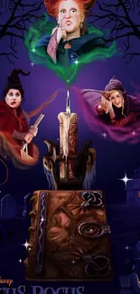 Hocus Pocus inspired wallpaper with witches and mystical elements.