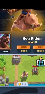 Hog Rider Clash Royale mobile wallpaper with gaming elements.