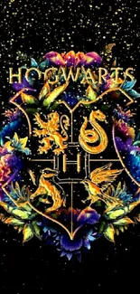 Floral Hogwarts crest wallpaper with vibrant colors on black background.