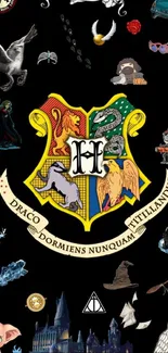 Hogwarts emblem with magical elements on black background.