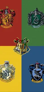 Hogwarts house crests against colorful backgrounds.