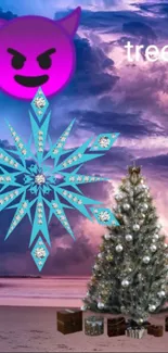 Christmas tree with emoji and snowflake over purple sky.