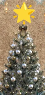 Festive Christmas tree with star topper and golden accents.