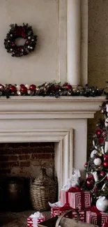 Christmas fireplace with decorated tree and gifts creating a cozy holiday atmosphere.