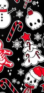 Gothic cartoon holiday wallpaper with skulls, candy canes, and snowflakes.