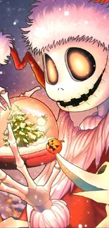 Festive skeleton with Santa hat and snow globe in a colorful winter scene.