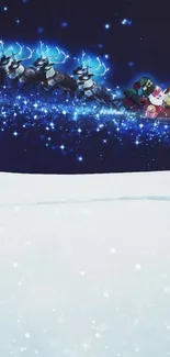 Festive sleigh riding across a starry, dark blue night sky.
