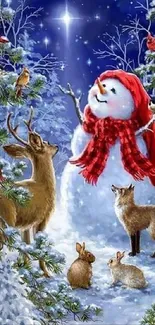Cheerful snowman with forest animals in a snowy scene.
