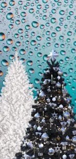 Two festive trees with a teal raindrop background.