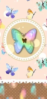 Holographic butterfly wallpaper with a pastel background and watercolor design.