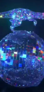 Holographic dinosaur on disco ball in vibrant colors.