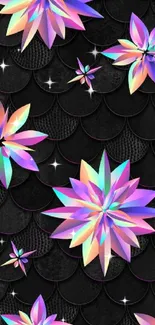 Vibrant holographic floral wallpaper with geometric flowers on black background.