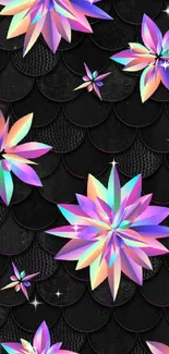 Vibrant holographic floral wallpaper with black background.