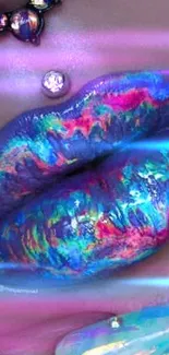 Holographic lip and nail art with vibrant, glossy colors.